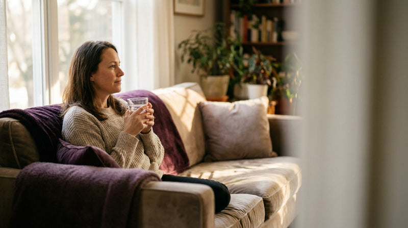 A woman sits calmly on a couch at home holding a glass of water