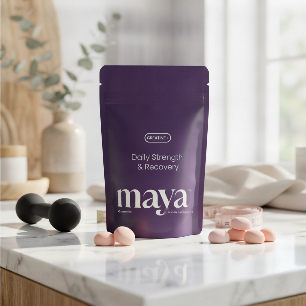 Maya CREATINE+ pouch with dumbbell and tape measure on marble counter