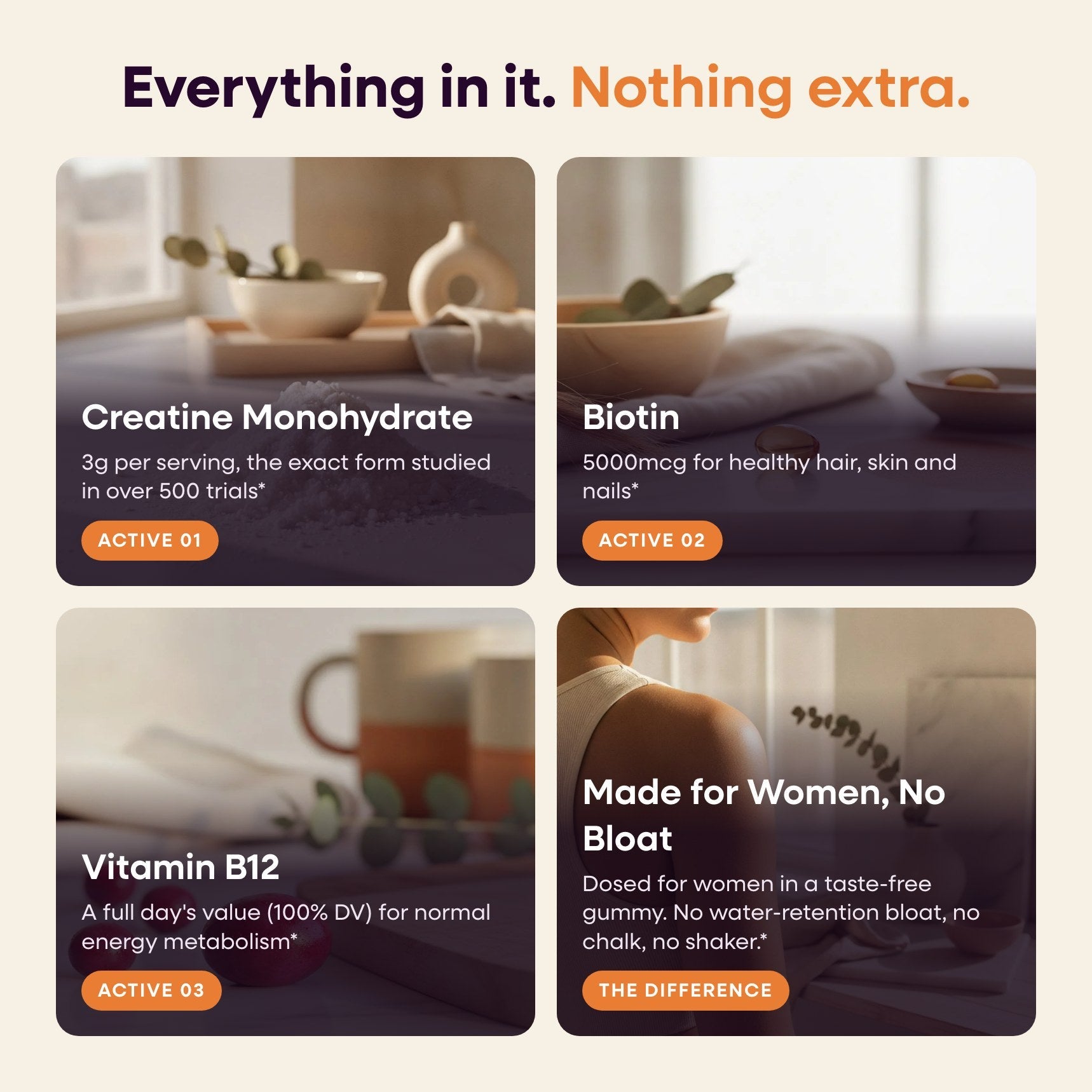 Maya CREATINE+ ingredient cards: creatine monohydrate, biotin, vitamin B12, made for women
