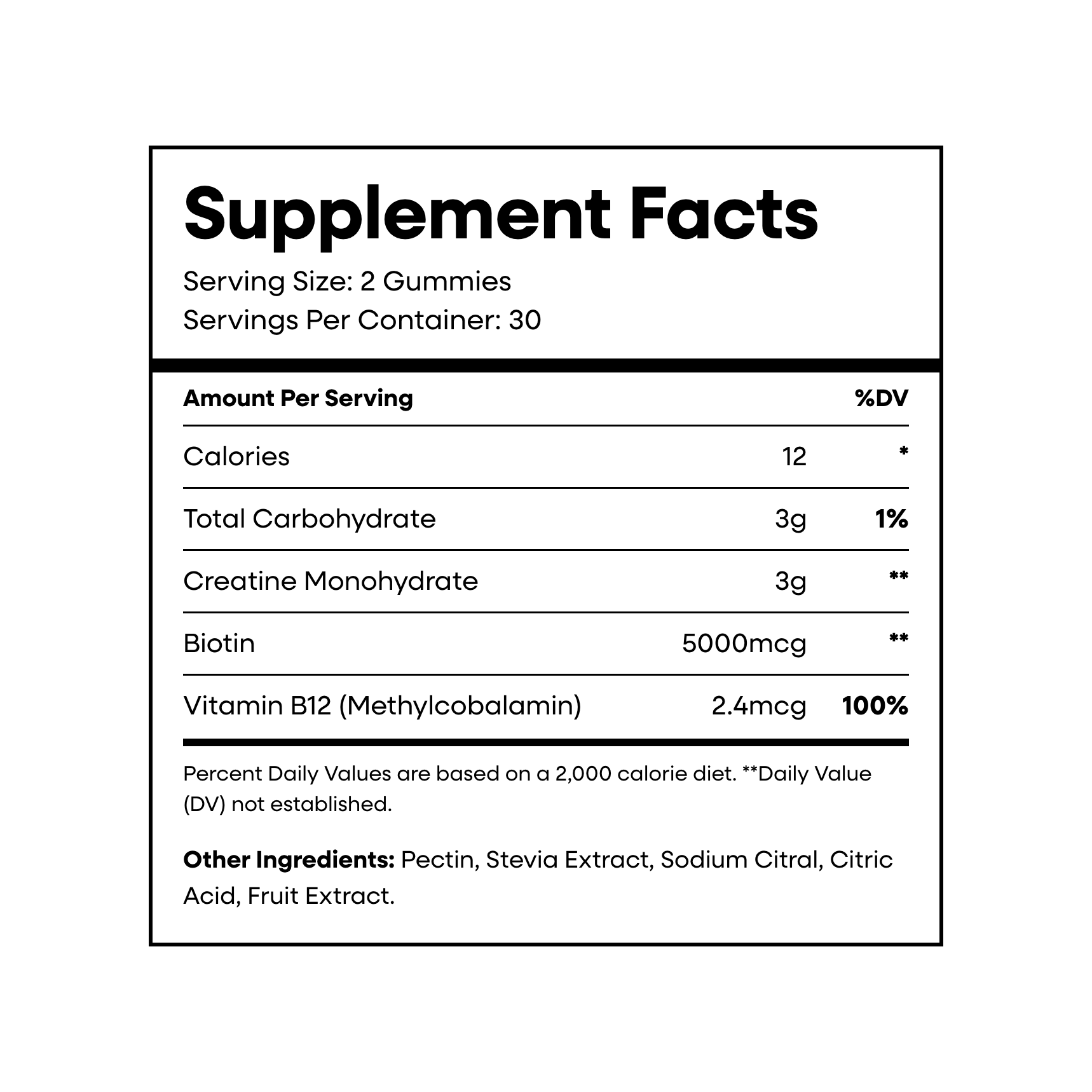 Maya CREATINE+ supplement facts panel: 3g creatine monohydrate, 5000mcg biotin, vitamin B12, per 2-gummy serving