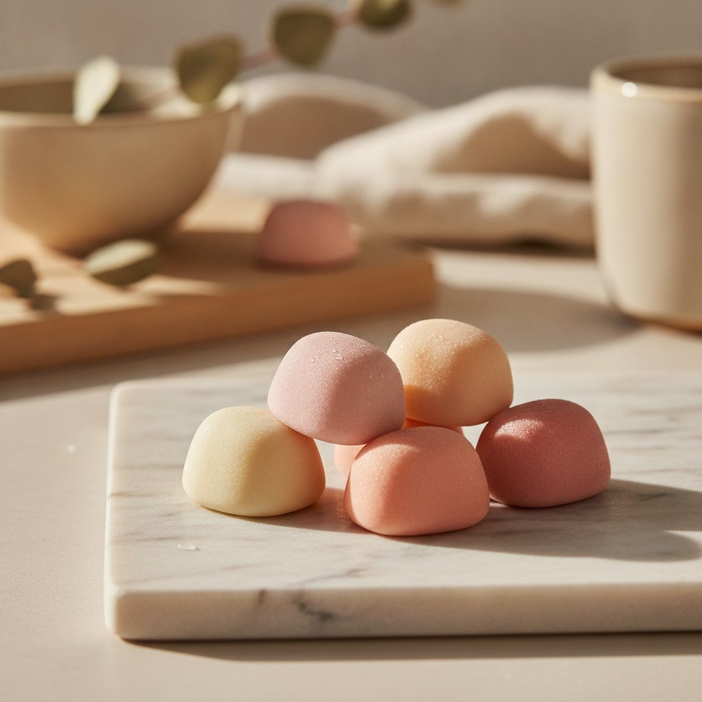 Maya CREATINE+ pink gummies close up on marble board