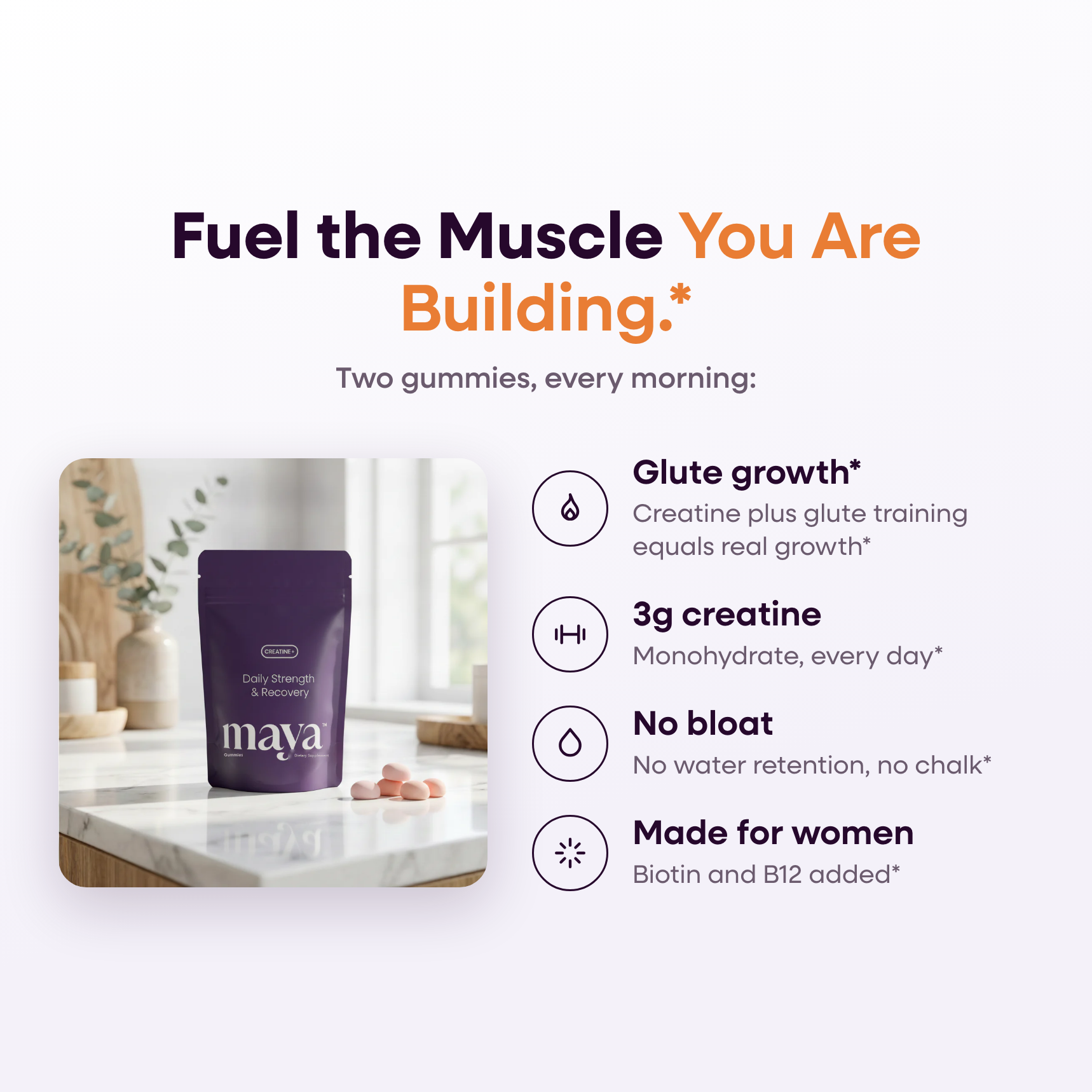 Maya CREATINE+ benefits card: 3g creatine every day for glute growth with training, no bloat, biotin and B12 for women