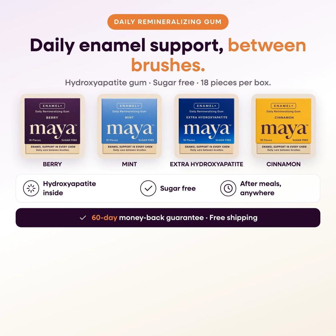 Maya ENAMEL+ overview showing Berry, Mint, Extra Hydroxyapatite and Cinnamon remineralizing gum