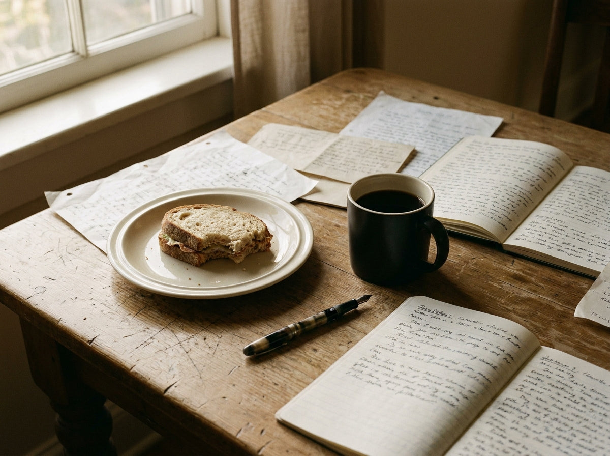 A half-finished sandwich and black coffee on a wooden desk in the afternoon
