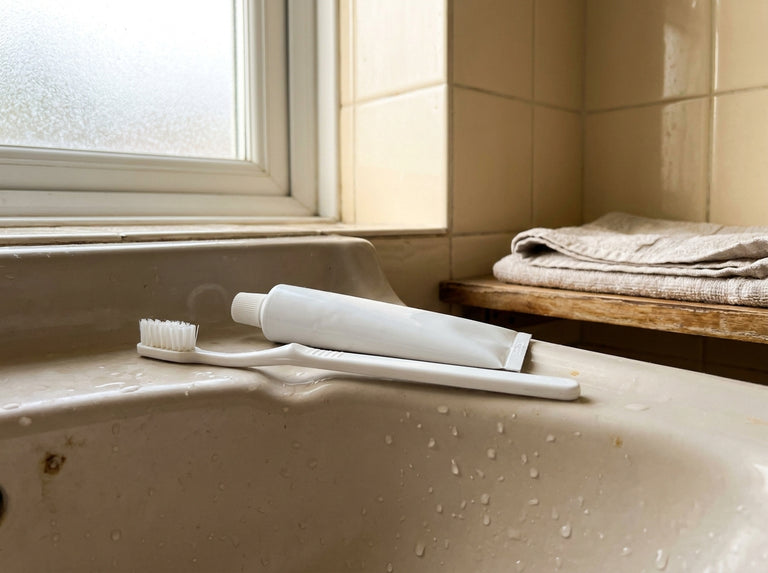 A plain toothbrush and unbranded tube on the edge of a bathroom basin