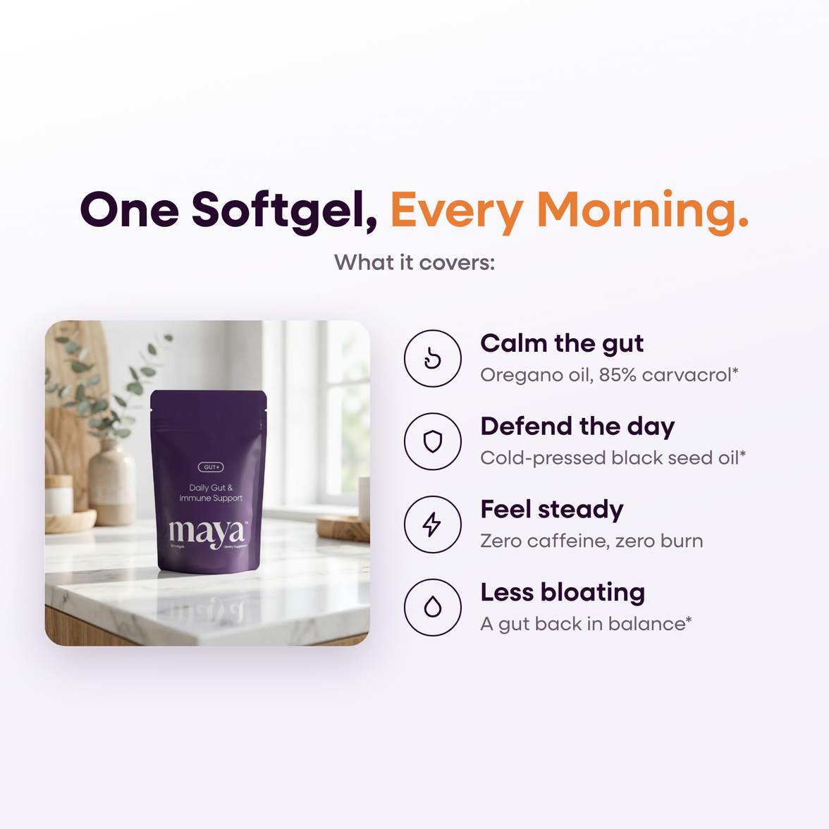 Maya GUT+ benefits card: calm the gut with oregano oil, defend the day with black seed oil, feel steady with zero caffeine