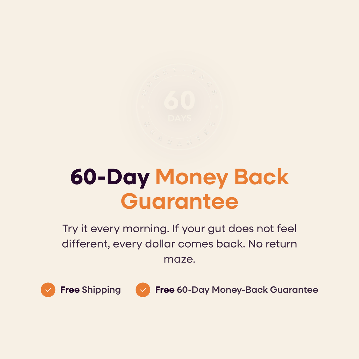 Maya GUT+ 60-day money back guarantee card with free shipping