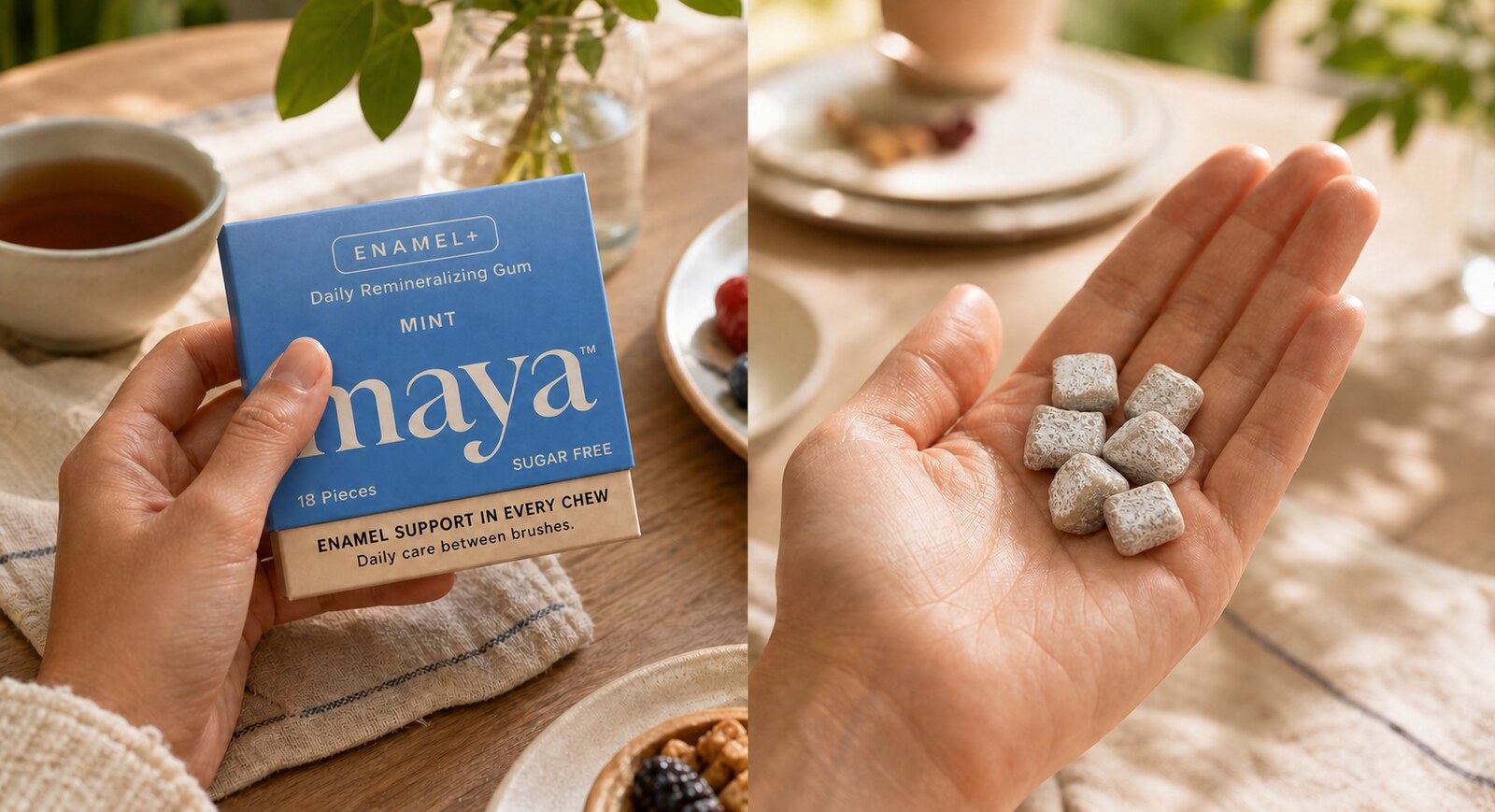 The real ENAMEL+ pack and its naturally textured, mineral-dusted gum pieces.