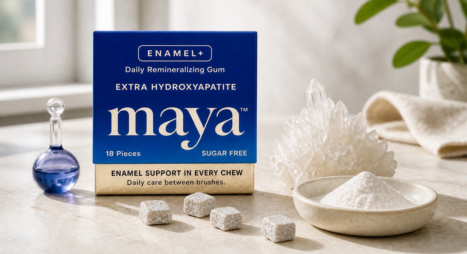 Hydroxyapatite gives ENAMEL+ its mineral-first identity; fluoride-free is only one part of the formula.